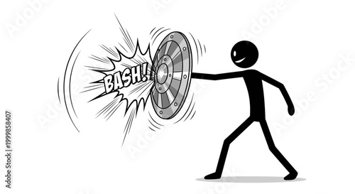 Stick figure character defending with a shield against an incoming attack comic book style with 'bash' sound effect