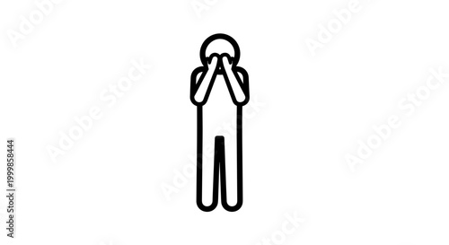 Stylized simple line art icon of a person covering their face with hands expressing despair sadness or shame isolated