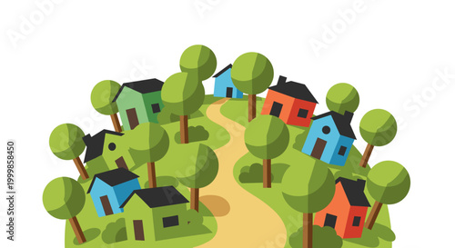Charming cartoon village with colorful houses winding path and lush trees on a green hill representing community