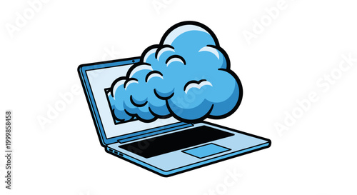 Modern laptop computer displaying a fluffy blue cloud emerging from screen symbolizing cloud computing and data storage