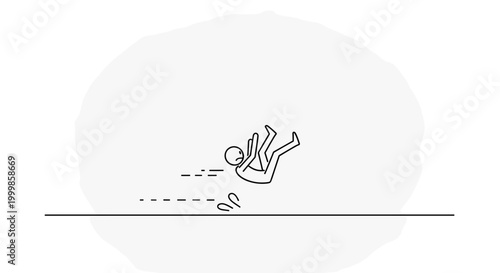 Simple line drawing of a stick figure falling down on a flat surface with motion lines and splashes concept for failure