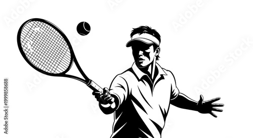 Dynamic tennis player in action hitting a forehand shot with a racket and ball conveying focus and athleticism