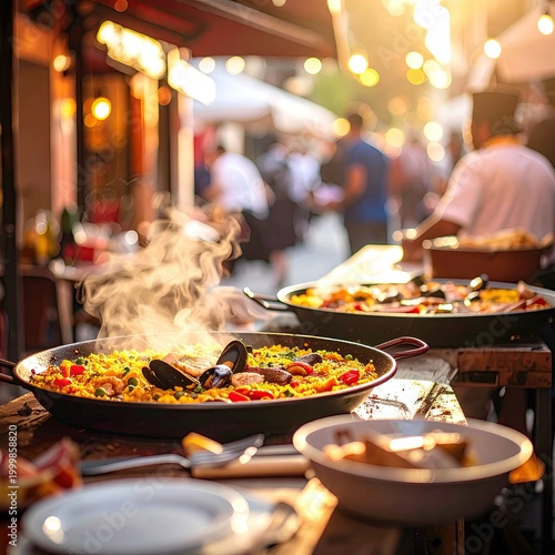Outdoor food stall serving paella to bustling crowd