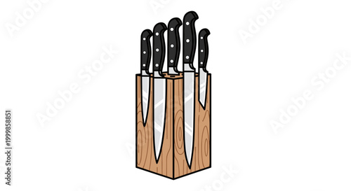 Set of kitchen knives with black handles neatly arranged in a wooden block against a clean white background symbolizing
