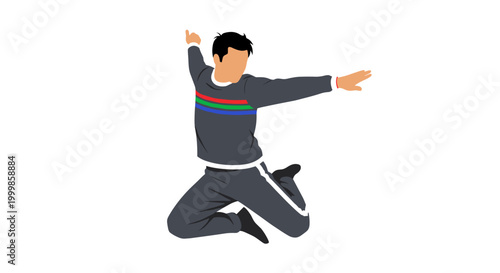 Energetic young man in athletic wear leaping dynamically mid air with arms outstretched against a clean white