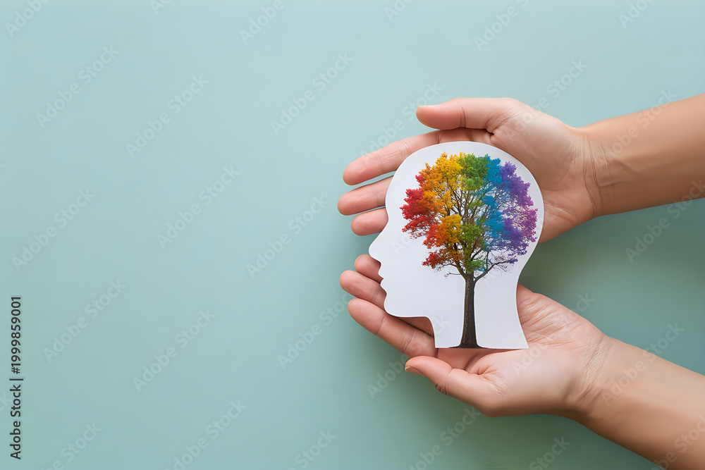 Obraz premium Hands holding a human head silhouette with a rainbow colored tree inside