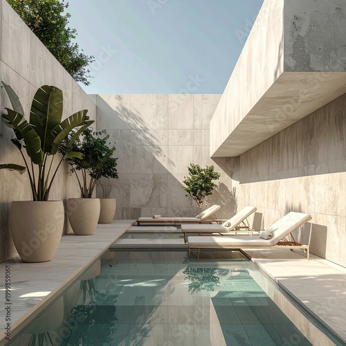 Outdoor pool area with concrete, plants, and sunlight
