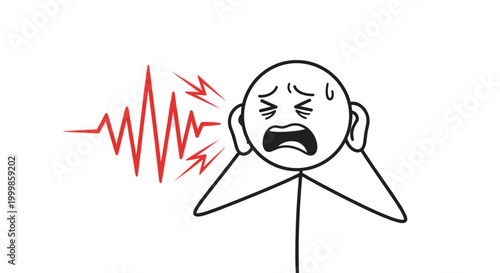 Distressed stick figure covering ears from loud noise wave expressing discomfort and pain from overwhelming sound