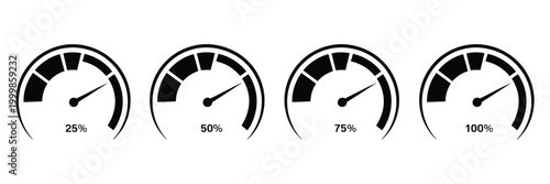 Speedometer logo vector illustration, speed and performance gauge icon collection, modern automotive dashboard dials showing