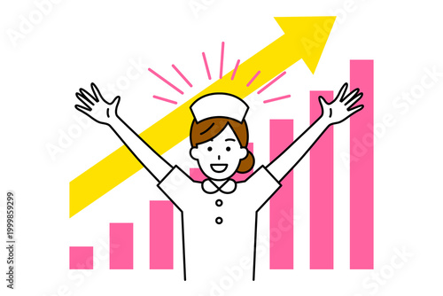 右肩上がりのグラフとバンザイで喜ぶ女性看護師