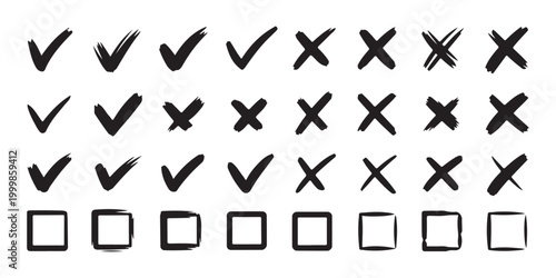 Hand drawn check marks and cross symbols. check and x signs collection on white background.