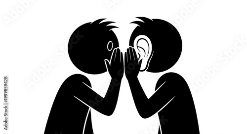 Two stylized figures whispering secrets together one figure leaning in to hear conveying concepts of gossip