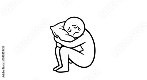 Sad crying cartoon person hugging pillow in distress feeling lonely and depressed isolated and vulnerable overwhelmed