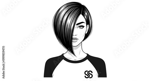 Stylish young woman with asymmetrical bob haircut and intense gaze depicted in a graphic black and white illustration