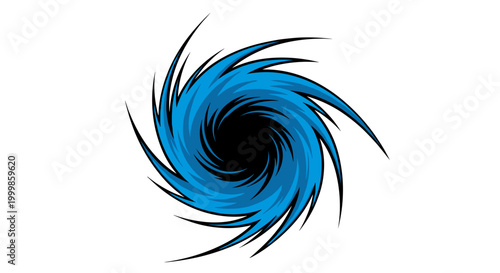 Abstract swirling vortex of vibrant blue energy with a dark black hole center isolated on a clean white background