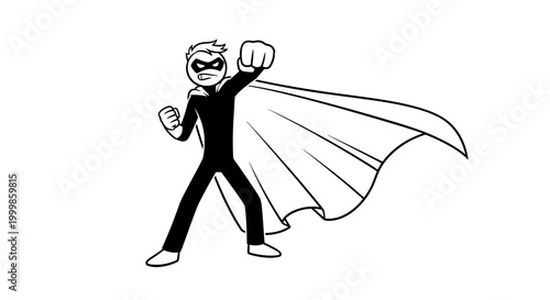 Dynamic cartoon superhero figure in black costume with flowing cape and mask striking a powerful pose with clenched