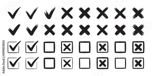 Hand drawn check and cross mark symbols in boxes and outline styles set.