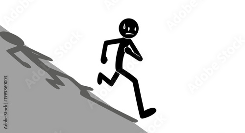 Black stick figure man running downhill with anxious expression casting a long shadow on a gray slope against a white