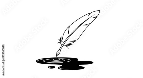 Elegant quill pen dipping into a puddle of black ink creating ripples symbolizing writing creativity and classic