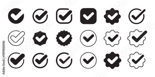 Verification check mark symbols set with various circle and square frame designs for ui design and web development.