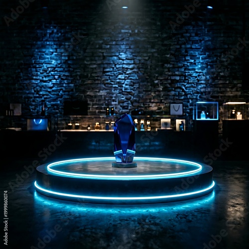Futuristic blue crystal display on a neonlit platform in a dark exhibition space