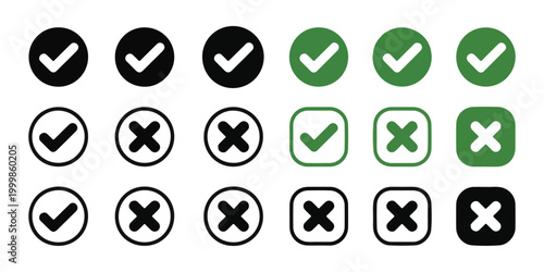 Check mark icons and cross signs set, vector illustration of various shapes for approve, deny, or decline.