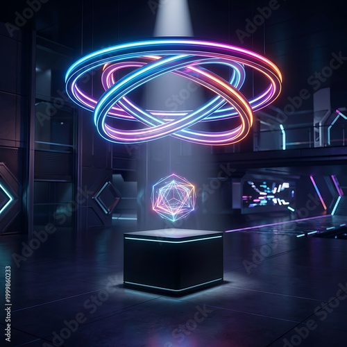 Futuristic neon light installation in a modern dark interior with a holographic geometric shape