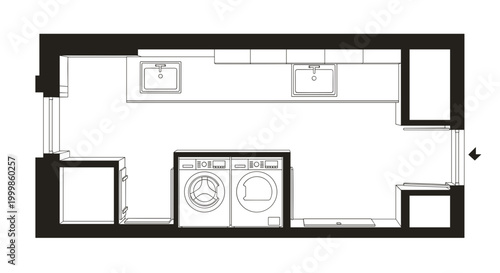 Modern laundry room floor plan with washer dryer sinks and countertop space top down architectural design view