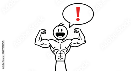 Muscular stick figure flexing biceps with an exclamation mark in a speech bubble conveying strength warning