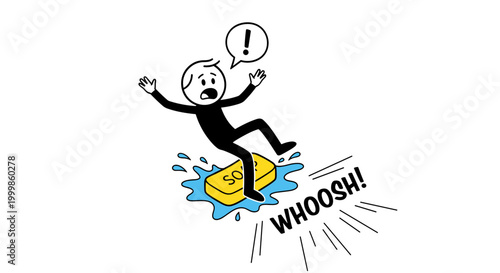 Shocked stick figure character slipping on a wet bar of soap with a splash conveying surprise and accident isolated