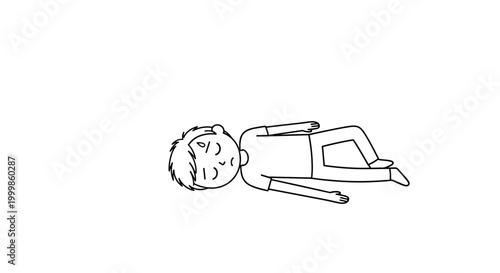 Exhausted man lying down on white background feeling tired and overwhelmed simple line art illustration conveying