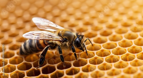 Close up view of a honey producing insect resting on hexagonal wax structure
