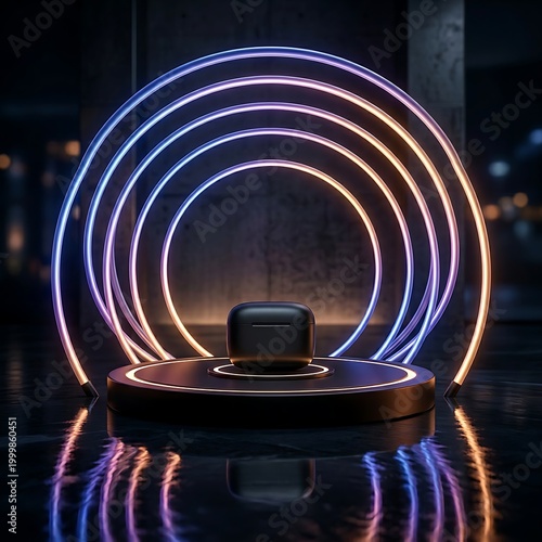 Modern wireless earbud charging case presented on a circular illuminated platform with neon lights