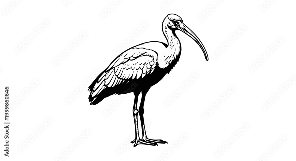 Fototapeta premium Black and white line art illustration of an ibis bird standing on a white background with wading bird