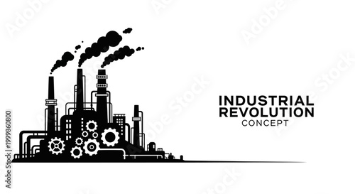 Quadro em tela Industrial revolution factory silhouette with smoke and gears.
