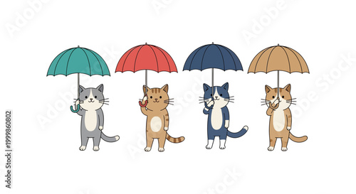 Four cute cartoon cats holding colorful umbrellas with umbrellas colorful standing illustration character