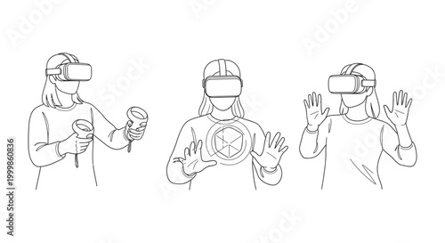 Collection of three line art illustrations of people wearing virtual reality headsets and holding controllers