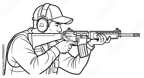 Man wearing a baseball cap and earmuffs aiming and firing a rifle at a shooting range with shooting sports