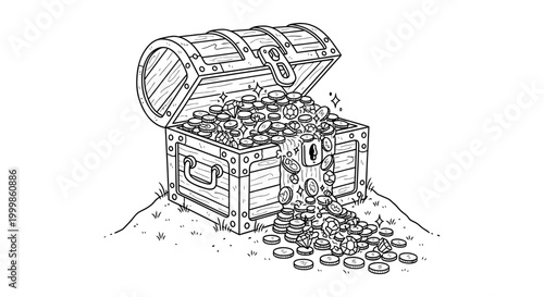 Open wooden treasure chest overflowing with gold coins treasure currency collection investment precious