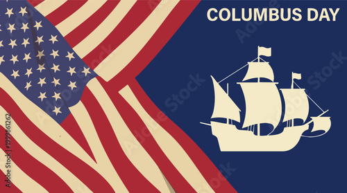 Canvas Print Columbus Day commemorative illustration featuring the American flag and a silhouette of a historic sailing ship on a deep blue background
