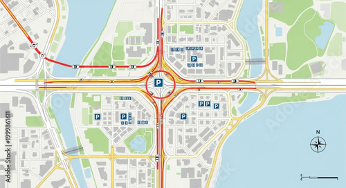 Aerial view of a complex highway interchange with multiple lanes and ramps.