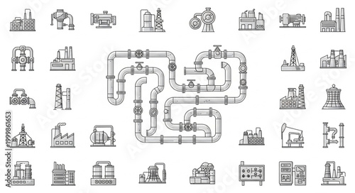 Industrial factory building complex with pipelines and chimneys.