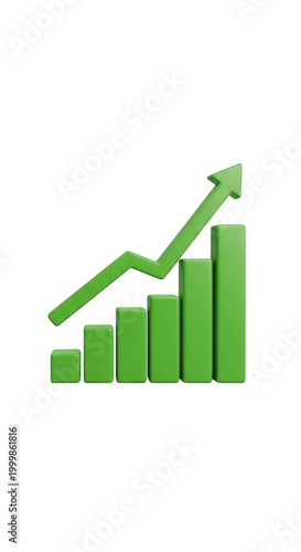 Green bar chart with arrow showing growth and upward trend isolated on transparent background,png,Png,