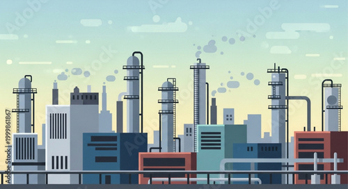 Industrial Factory Complex with Smokestacks and Buildings.