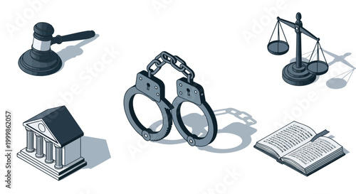 Justice Symbols: Handcuffs, Gavel, Scales of Justice, Courthouse, Law Book
