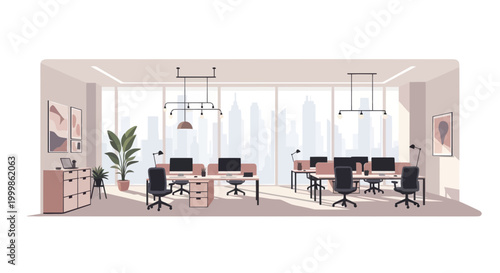 Modern Office Interior with Large Windows and Cityscape View