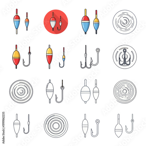Fishing Floats and Hooks Set - Colorful and Line Art Icons