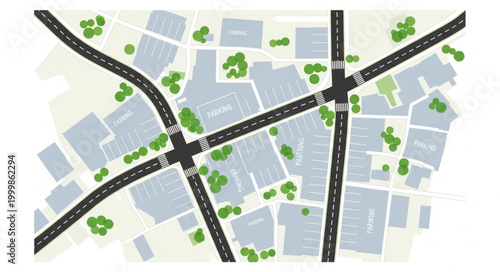 City Street Map with Buildings and Trees.