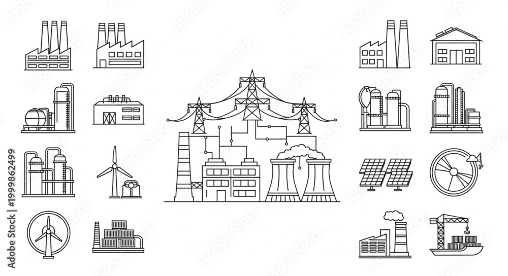 Fototapeta premium Collection of Industrial Factory Building Illustrations and Icons.