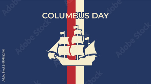 Minimalist Columbus Day illustration featuring a stylized white sailing ship silhouette on a navy blue background with vertical red and white stripes.